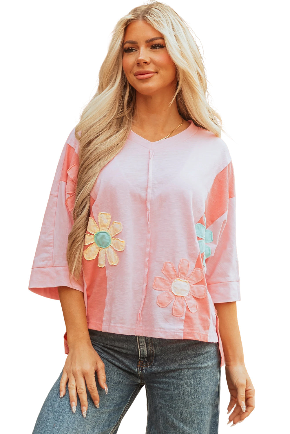Pink Flower Patched Exposed Seam Bracelet Sleeve Oversized T Shirt