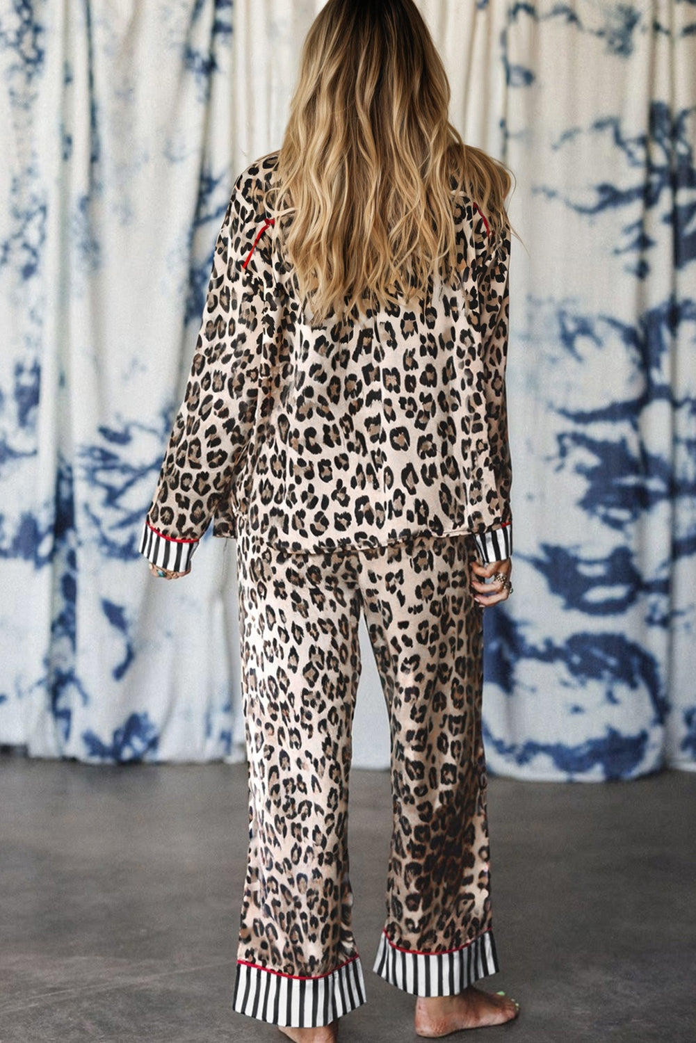 Khaki Leopard Print Colorblock Striped Edge Shirt and Pants Pajama Set