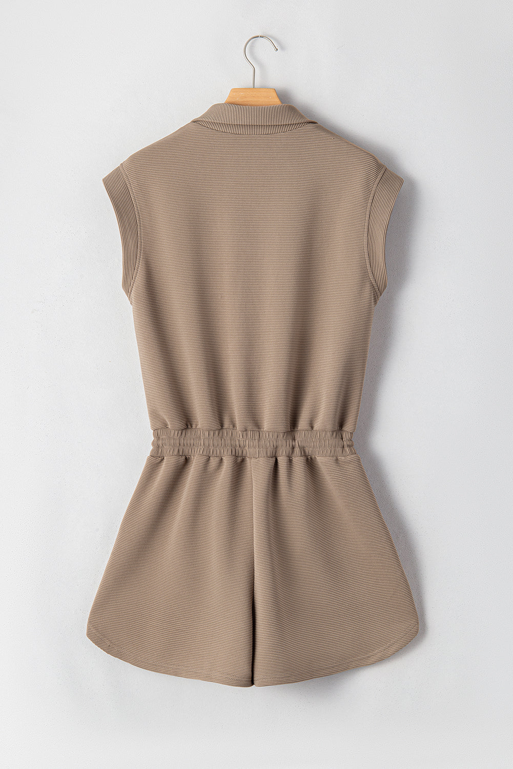 Dark Khaki Textured Short Sleeve Half Zip Drawstring Waist Romper