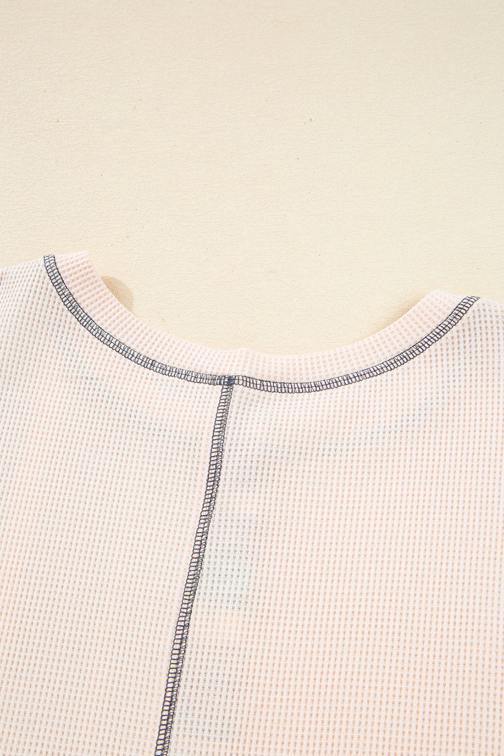 Beige Striped Waffle Patchwork Exposed Seam Raw Edge Casual Knit Top