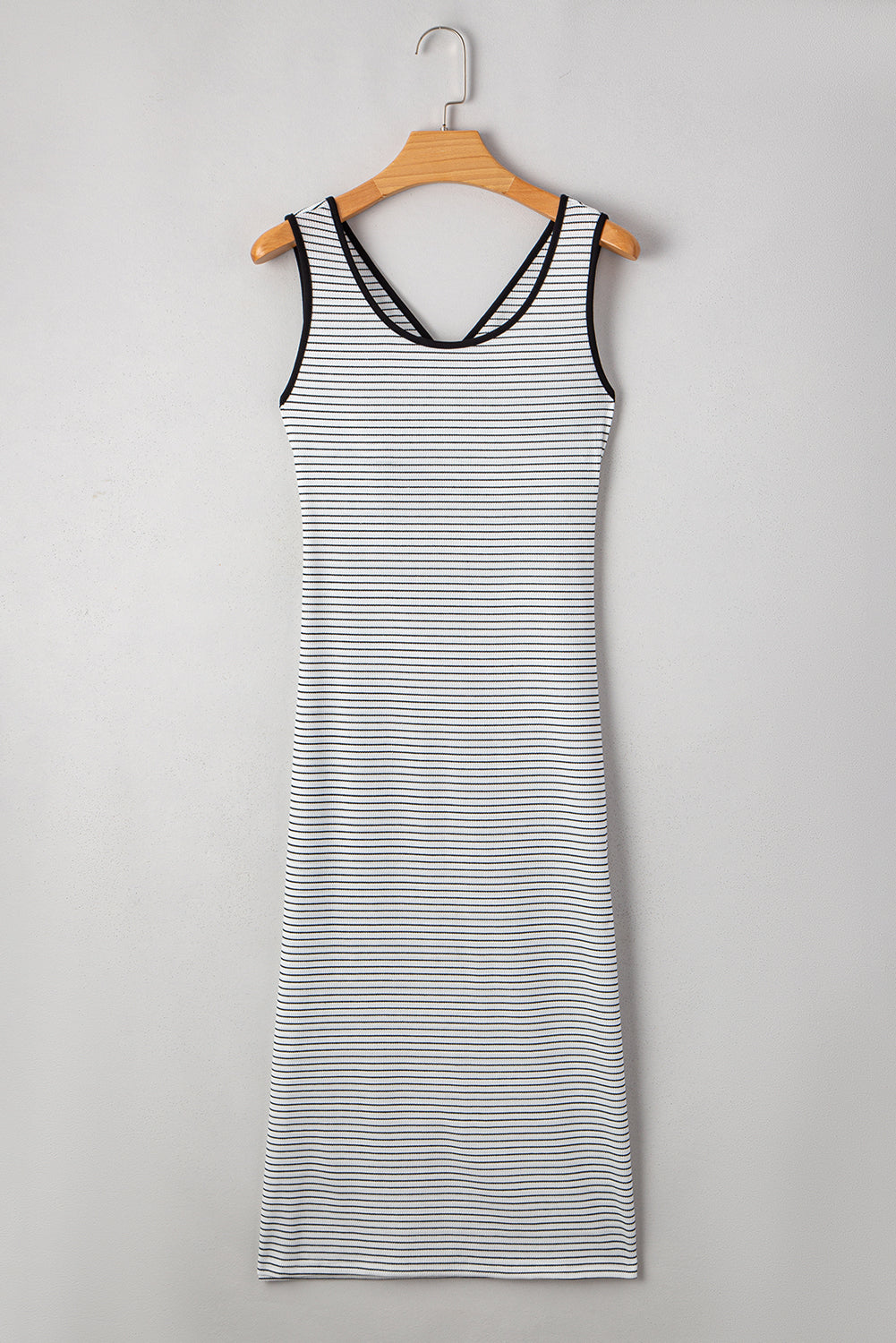 White Stripe Criss Cross Side Slits Slim Fit Sleeveless Midi Dress