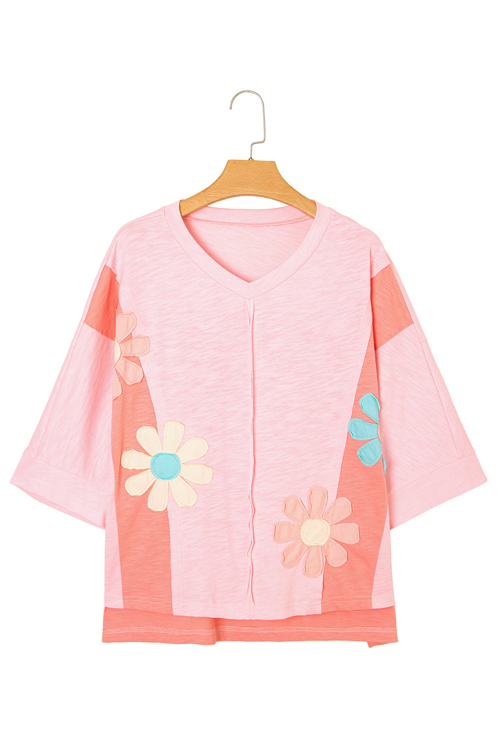 Pink Flower Patched Exposed Seam Bracelet Sleeve Oversized T Shirt