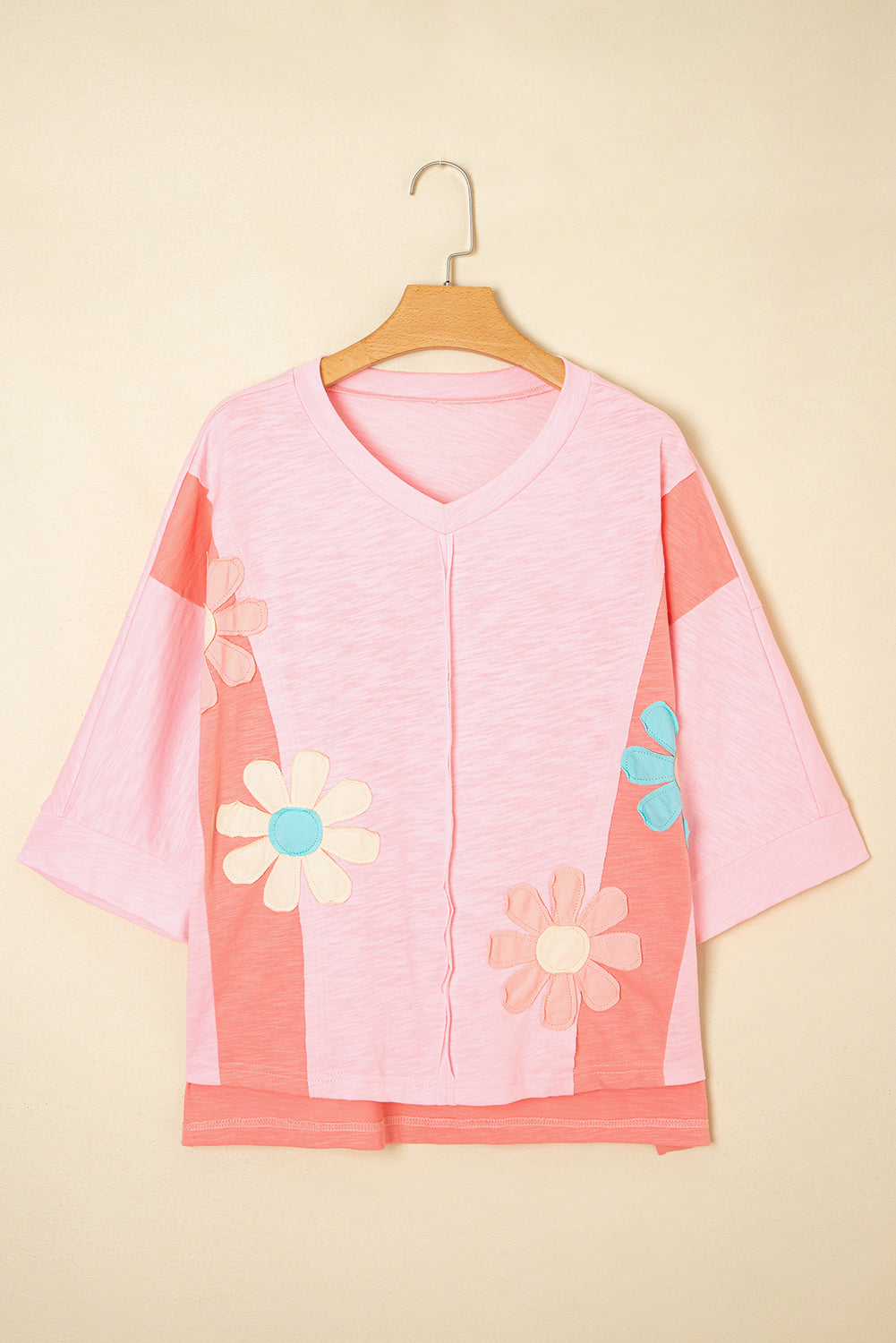 Pink Flower Patched Exposed Seam Bracelet Sleeve Oversized T Shirt
