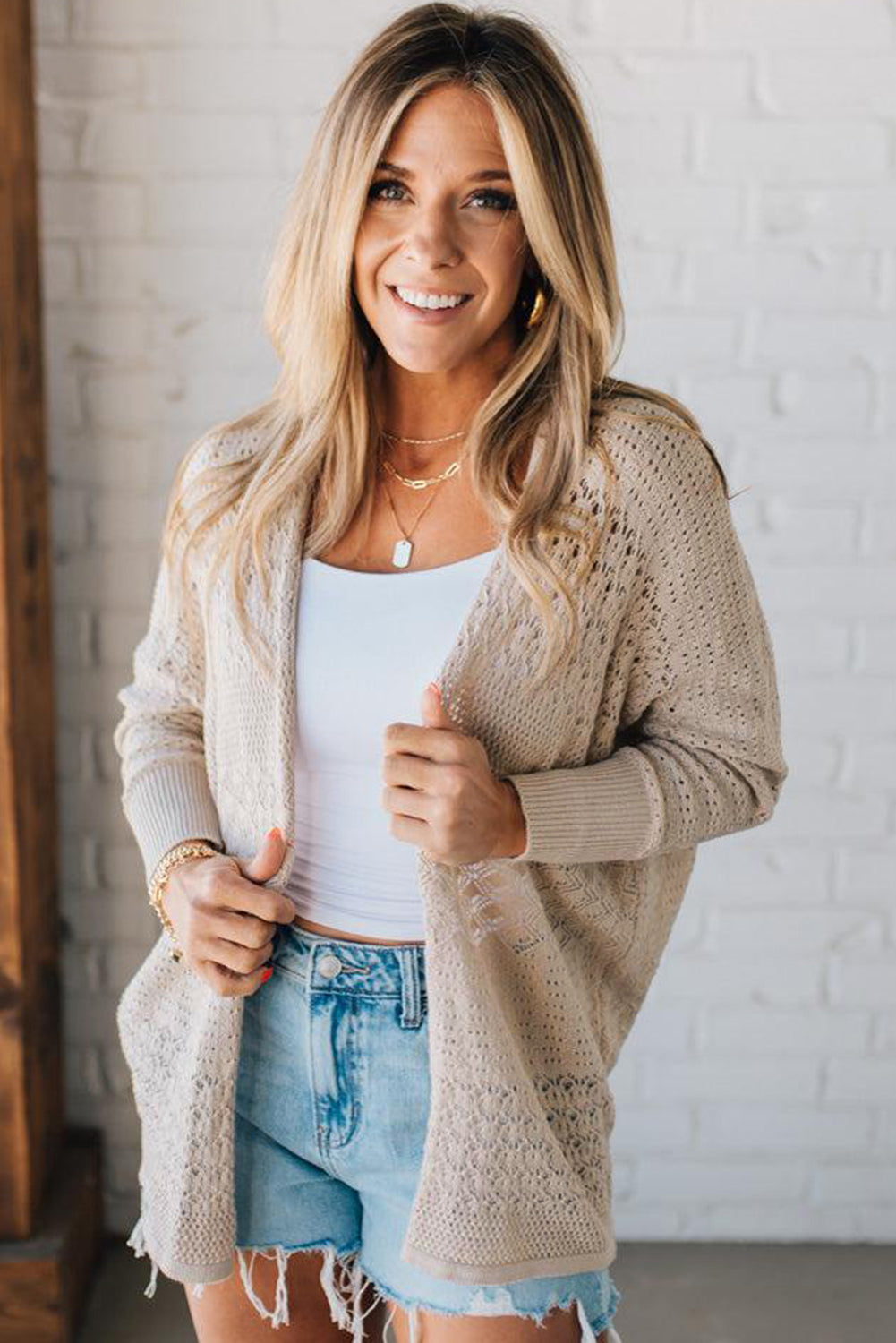 Jet Stream Mix Pattern Hollowed Knit Open Front Cardigan